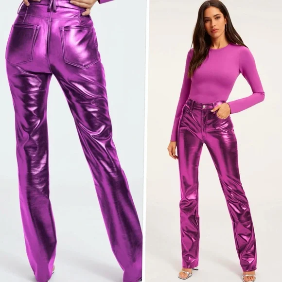 GOOD AMERICAN GOOD ICON High Rise Straight Jeans in Powder Pink Metallic Sz 6/28